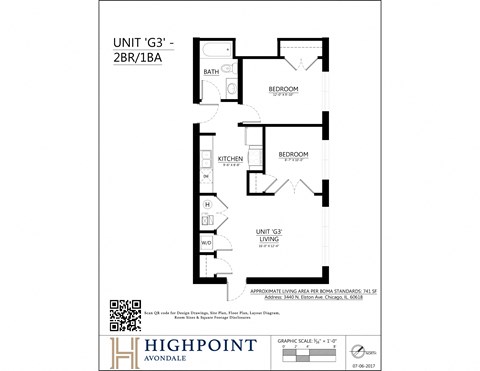 Floor plan for 2 beds, 1 bath, 715 sqft